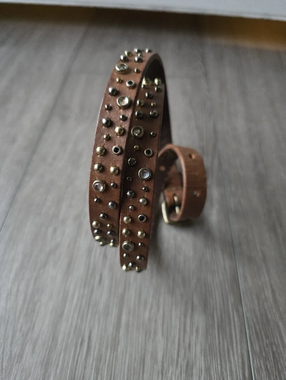 J.Crew Brown Leather Studded Rhinestone Skinny Belt Boho Western Jeweled M